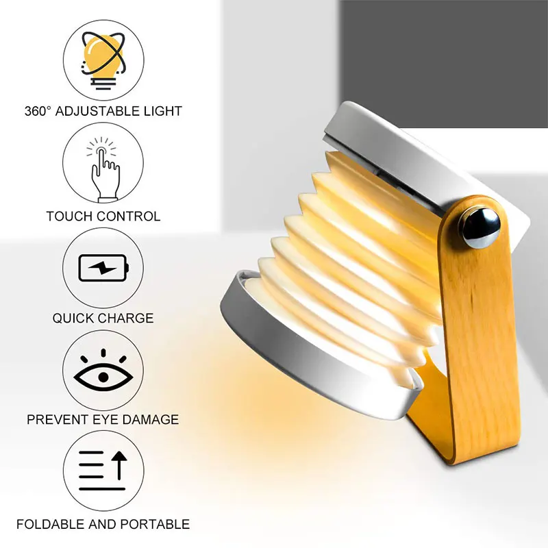 Folding Portable Night Light Touch Switch USB Charging Dimmable LED Reading Table Light Waterproof Bedside Bedroom Desk Lamp