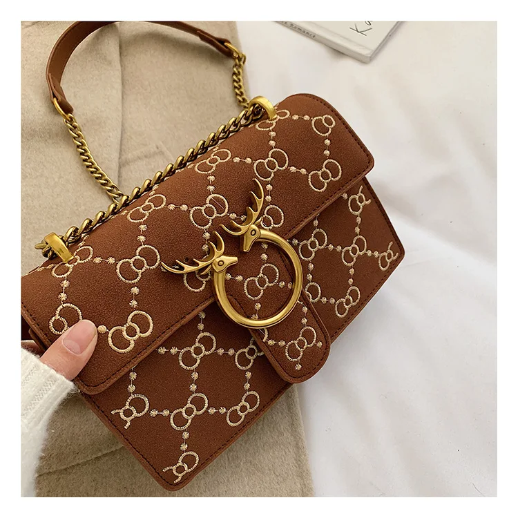 2019 New Design Deer Suede Leather Handbag Small flap Crossbody Bags for Women Quilted Embroidery Chain Shoulder Purse Black Red (11)