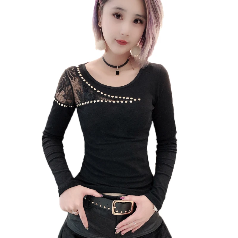 Black tshirt Корейская мода Лоскутная Сексуальная кружевная футболка с заклепками Новинка Осень Зима Женский Топ с длинным рукавом Camiseta Mujer тонкий черный T97918 - Цвет: Black tshirt