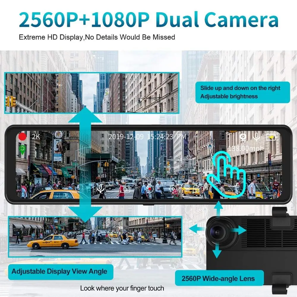 1" HD зеркало Dash Cam Автомобильная резервная камера двойной объектив Dash Cam рекордер 2560P+ 1080P 2K ips полный сенсорный экран автомобильный рекордер