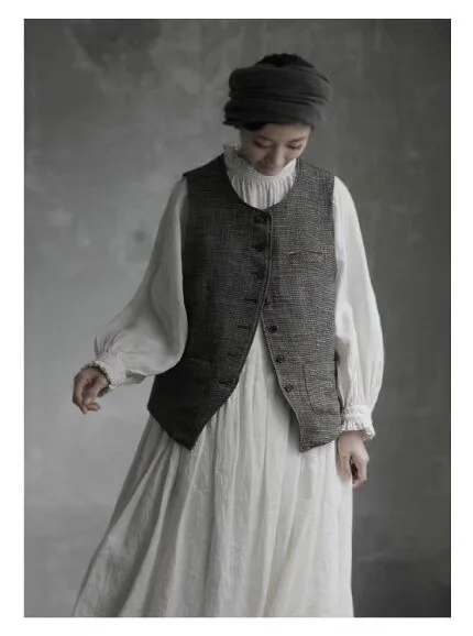 

A Few Slices of Autumn And Winter Flax WOMEN'S Dress Japanese-style Literature And Art Frilled Stand Collar Dress Loose-Fit Top