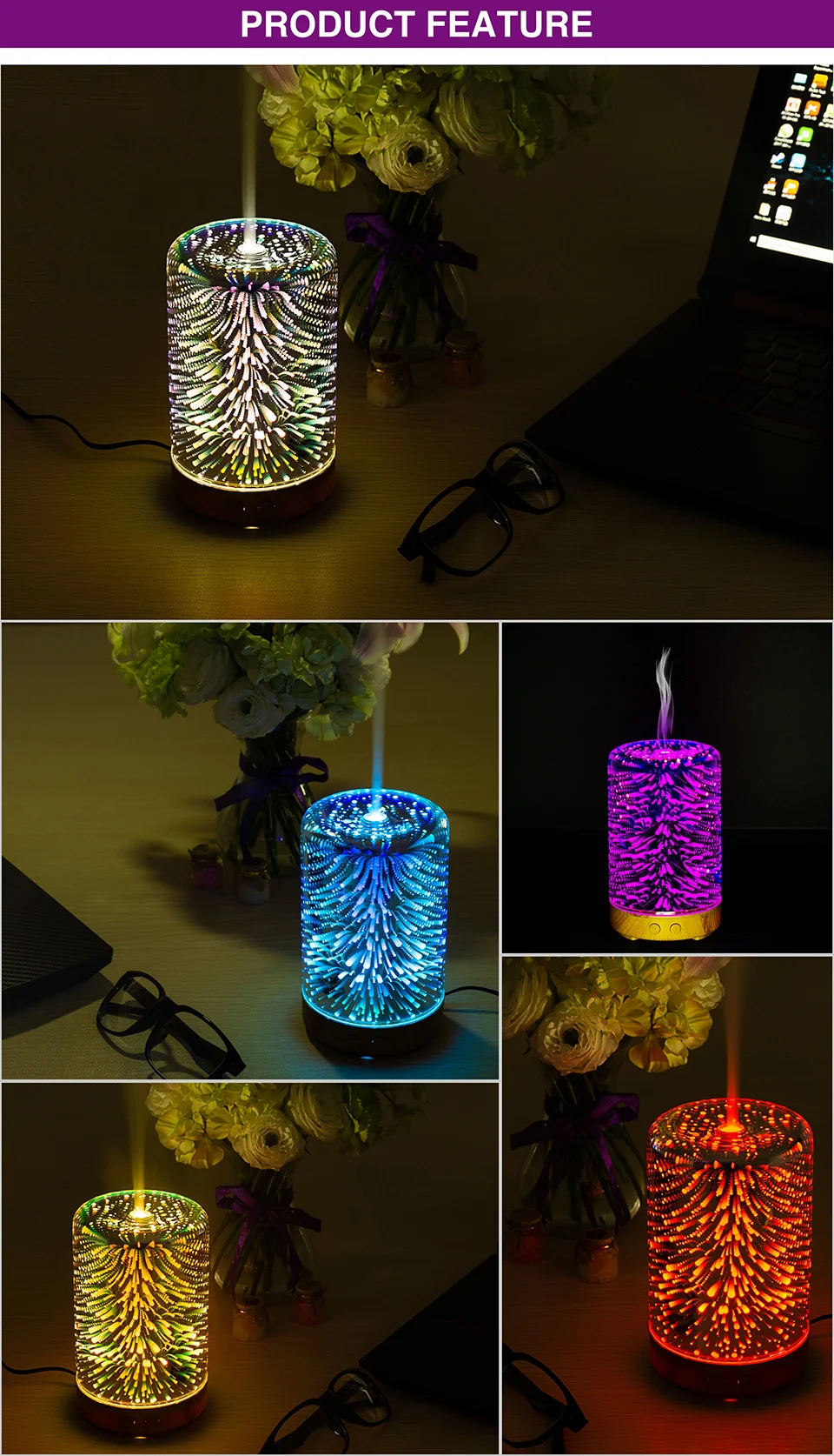 Lâmpada de Fogo de Artifício Lâmpada para Decoração Luz da Noite Umidificador Aroma Difusor Óleo Névoa Pulverizador Aromaterapia Casa Led 3d ar 7 Luz da noite led 3d lâmpada de