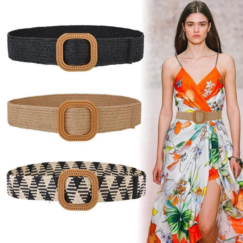 38 Style Summer Fake Straw Woven Female Soil Retro Belt  Bohemian Braided Wooden Bamboo Round Square Buckle Accessory Waistband