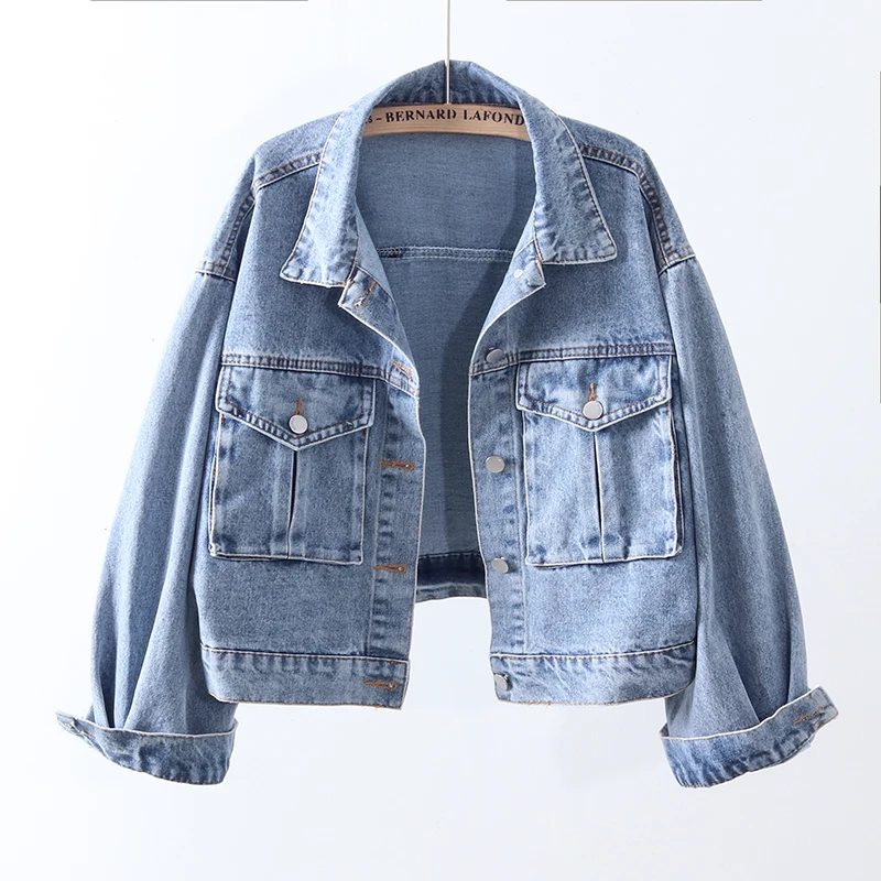 

Loose Big pocket New Autumn 2020 Cropped Denim jacket For Women Harajuku Vintage Washed blue Short Jaqueta jeans feminina Casual
