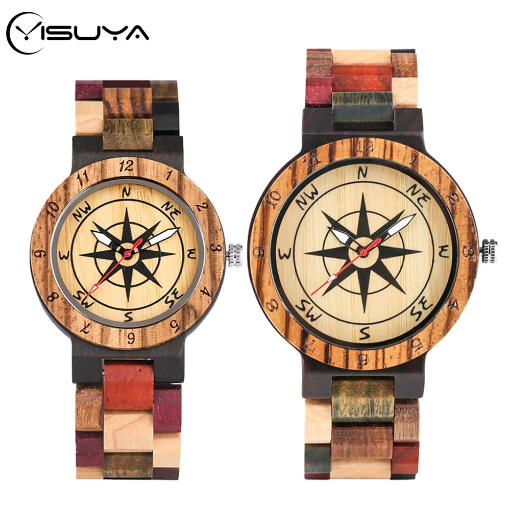 Best Seller  YISUYA Compass Patchwork Wood Watch Creative Mixed Color Design Clock Male Full Wooden Bangle Man Q