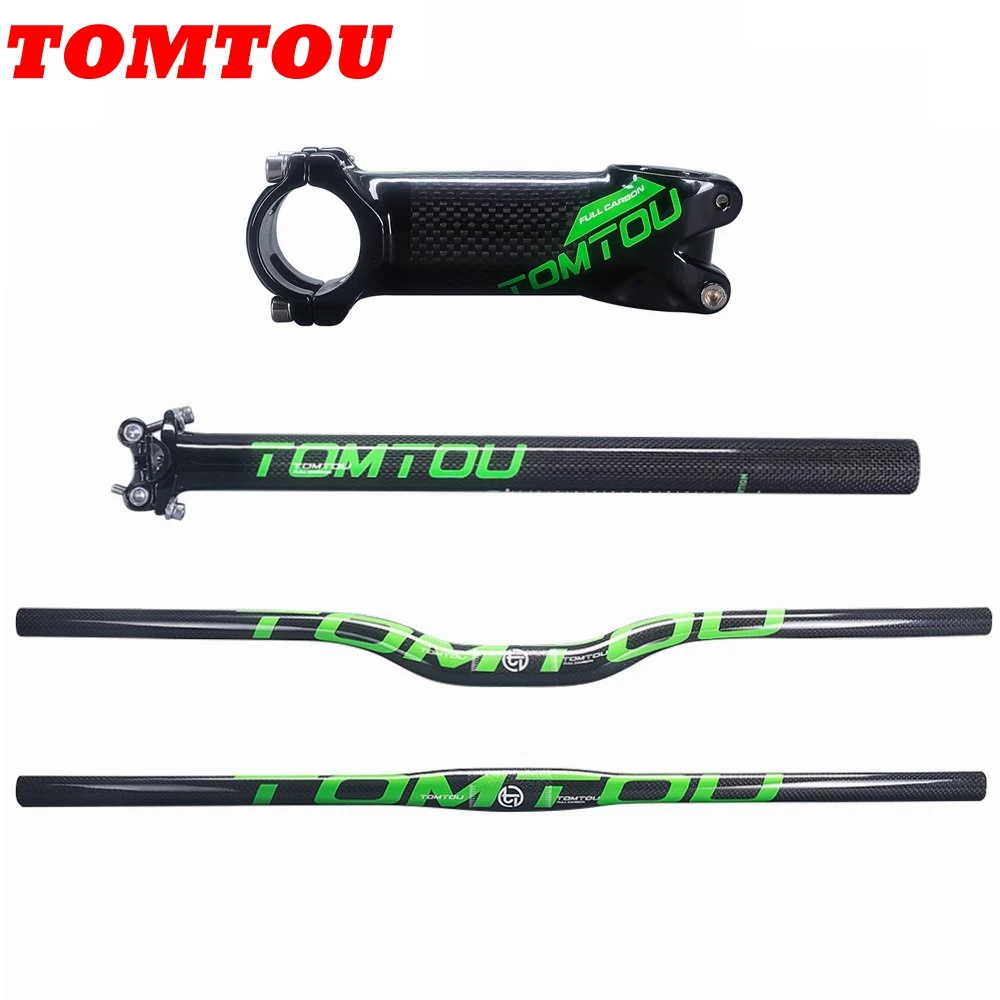 TOMTOU Super Light 3K Carbon Cycling Mountain Bike Flat or Rise Handlebar + Seatpost Stem Bicycle MTB Parts Green - TS9T86 | Спорт и