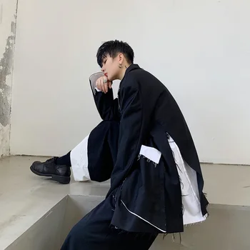 

Men Blazer Vintage Japan Streetwear Punk Gothic Hip Hop Loose Casual Jacket Male Slit Splice Suit Coat Outerwear