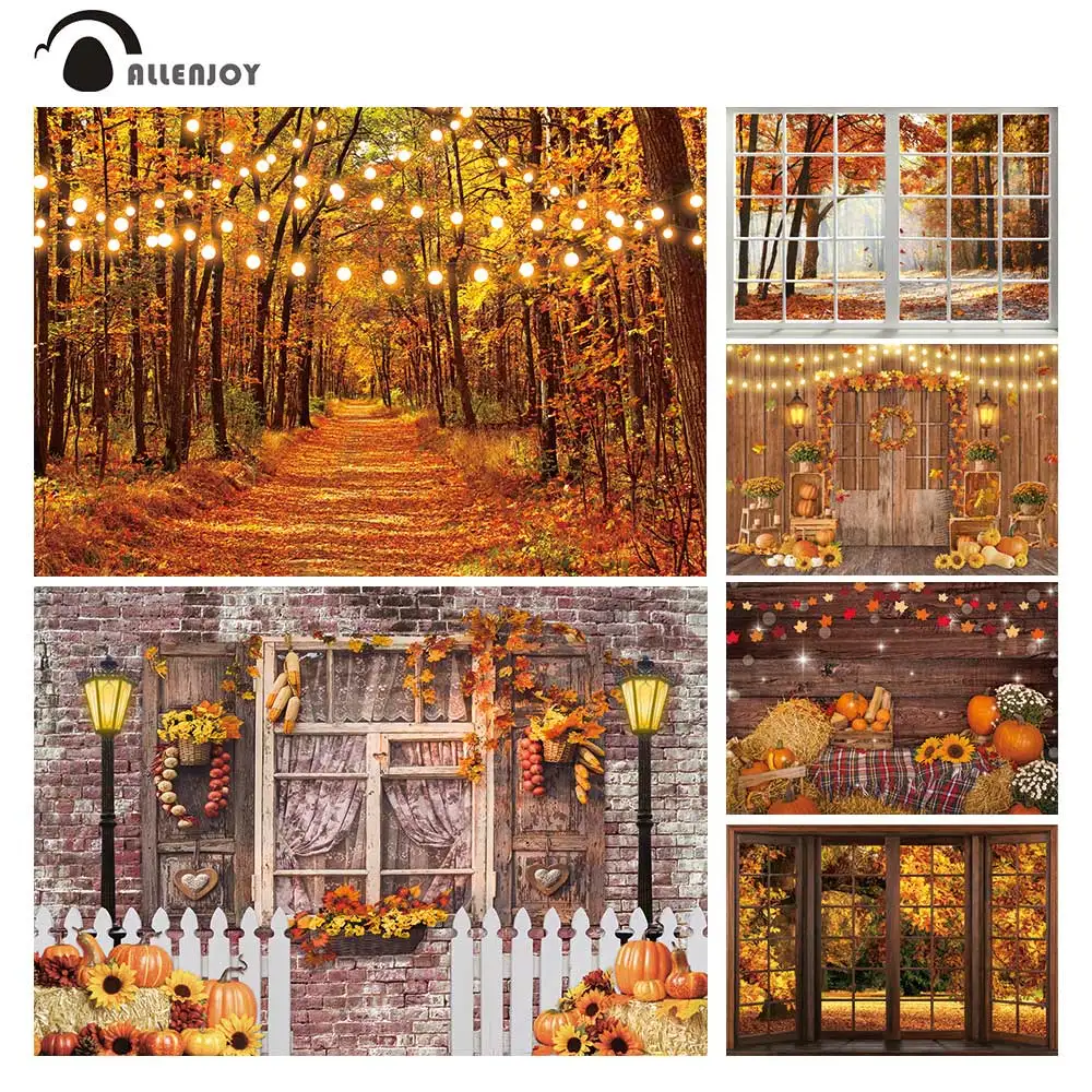 

Allenjoy Autumn Fall Backdrops Leaves Thanksgiving Day Wood House Pumpkin French Windows Children Photocall Background