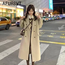 

Korean Chic Autumn and Winter Wool Coat Woman Double Breasted Casual Loose Long Warm Wool Jacket Woman Black Clothing Fall