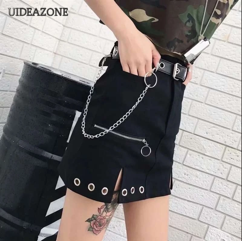 UIDEAZONE панк готический А-силуэт женские мини юбки лоскутные сплит высокая талия и бедра хоп девушки обёрточная юбка с карманами Готическая уличная
