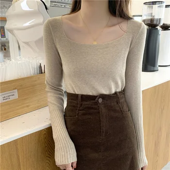 

Sweaters 2020 Autumn Winter Clothes Women Long Sleeve Square Neck Elegant Knitted Pullover Sweater Ladies Slim Casual Knit Top
