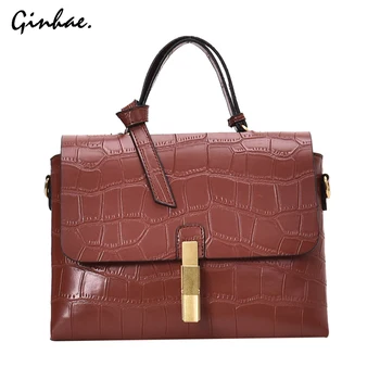 

Elegant Women Leather With Crocodile Pattern Handbags Vintage Large Crossbody Bags For Women Winter Travel Square Shoulder Bag