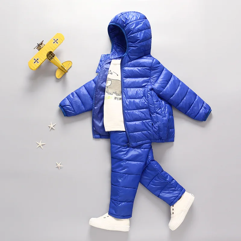 Осенне-зимнее детское пуховое пальто легкий комплект для мальчиков и девочек, детская маленькая куртка+ штаны, хлопковое пальто - Цвет: Royal blue
