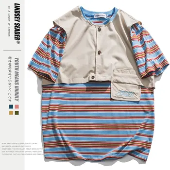 

Lindsey Seader Harajuku Stripe with Small Vest Tshirt Summer 2020 Mens T Shirt Men Tshirts Hip Hop Casual Pocket Fashion T-shirt
