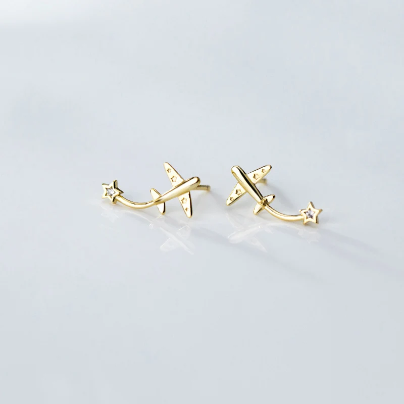 

New Fashion Small 925 Sterling Silver Stud Earrings For Women Gold Color Plane Star Charm sterling-silver-jewelry Studs Earring