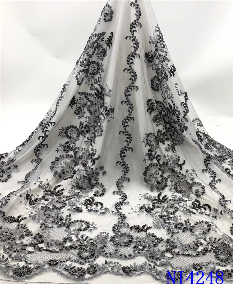 

African Handmade Lace Fabric 2020 High Quality Lace Nigerian Beaded Lace Fabrics French Tulle Lace Fabric Party Sewing NI4248-6