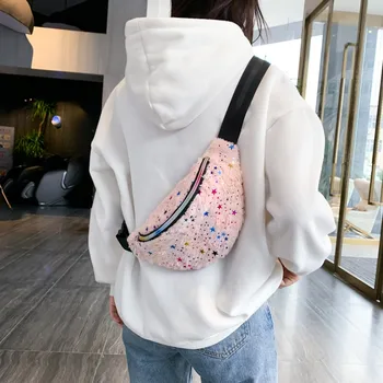 

Women's Bag Waist Plush Zipper Chest Bag Belt Women Luxury Chest Bag Hip Hop Money Belt Colorful Star Sac Banane Pour Fille