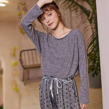 

Luxury Home Clothes for Women Gray Tops Dot Pants Sleepwear Set Warm Pajamas for Women Winter Pyjamas Pijamas Mujer Invierno