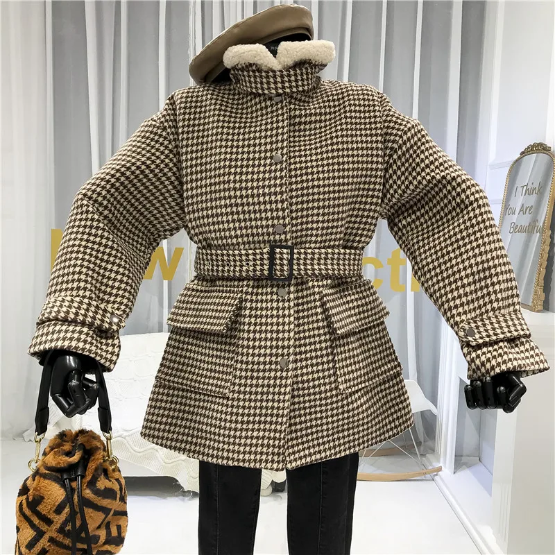 Твидовые пальто женские на шнуровке офисные со стоячим воротником Abrigos Mujer Invierno