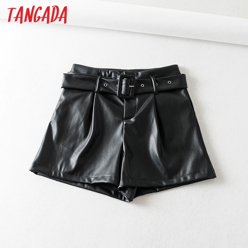 Tangada, женские элегантные шорты из искусственной кожи, бежевый, черный пояс, Новое поступление, карманы, женские, высокая талия, женские повседневные шорты 6A313