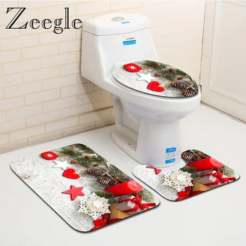 

Zeegle Christmas Bath Mat Set Anti Slip Bathroom Doormat Toilet Pedestal Rug Flannel Soft Foot Mat Washable 3pcs Toilet Set