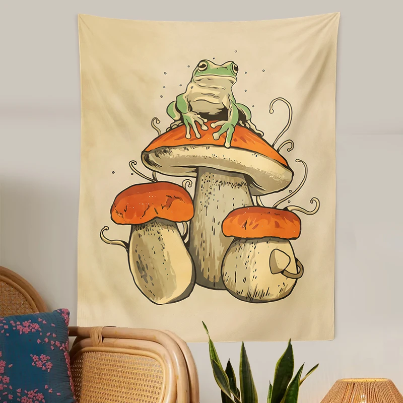 Retro Mushroom Tapestry Frog Mushroom Wall Hanging Bedroom Living Room Decoration Cute