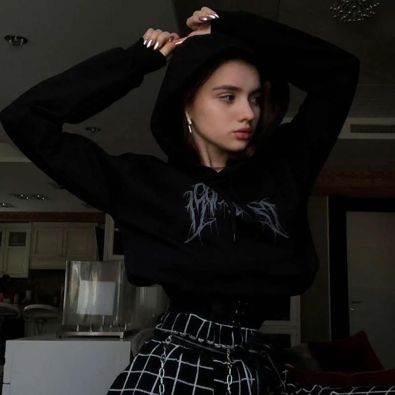 Темно синяя укороченная Толстовка Fitshinling Goth на осень и зиму облегающая Черная