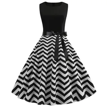 

Womens 1950s Sleeveless Retro Black Belt Polka Dot Stripe Swing Dress