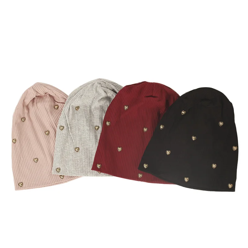 Geebro Women Soft Ribbed Metal heart Beanies Elastic Knitted Skullies Hats Ladies New Fashion Adult Casual Spring Autumn Bonnet 2