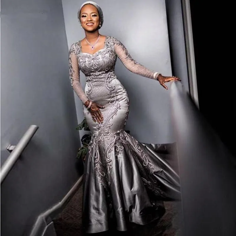 

Silver Sexy 2020 African Evening Dress Lace Mermaid Long Sleeves Prom Dresses Cheap Formal Party Pageant Gowns robe de soiree