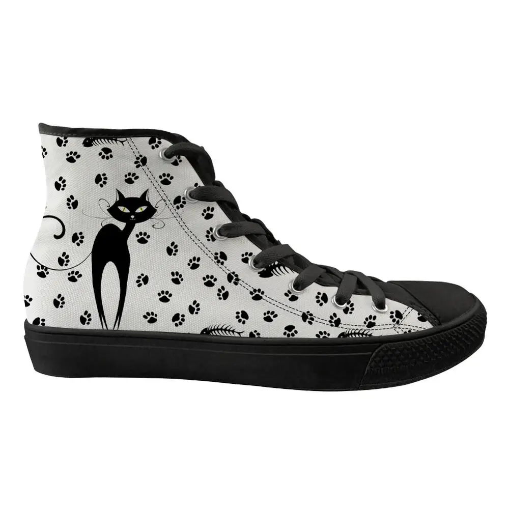 

Customize Black sole Cute Cat Print Casual Women Flats Shoes High Top Canvas Spring Ladies Sneakers Woman Vulcanized Shoes