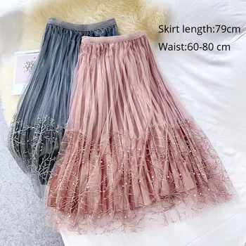 

Korean Style Women Calf-length Pleated Skirts Femme Elastic High Waisted Elegant Mesh And Velvet Skirt Patchwork Embroidery Lace