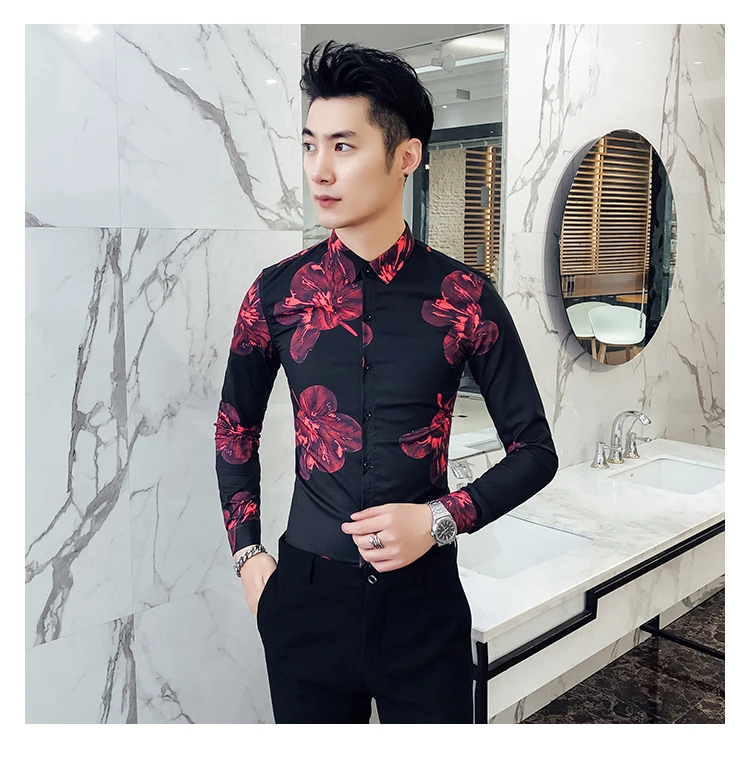 Camisa/Мужская рубашка с цветочным принтом и длинными рукавами; рубашка с цветочным принтом; мужская одежда в городском стиле для мужчин; Клубные вечерние рубашки для свадьбы; мужская рубашка