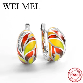 

WELMEL Golden Autumn 925 Silver Earrings Bright red feathers Luxury Zircon For Women Handmade Enamel Stud Earrings Fine Jewelry