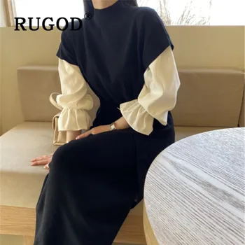

RUGOD Elegant patchwork women dress 2020 New Fashion flare sleeve long office ladies dresses vestidos elegant casual dresses