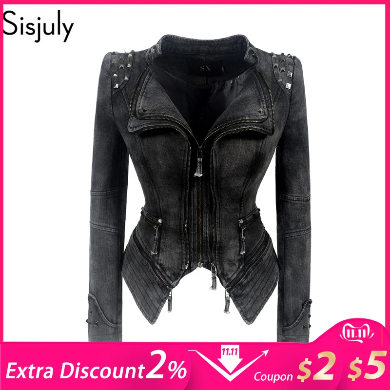 

Sisjuly Gothic Blue Gray Rivet Jackets Women Asymmetric Denim Jacket Plus Size 6XL Spring Winter Zipper Motorcycle Outerwear