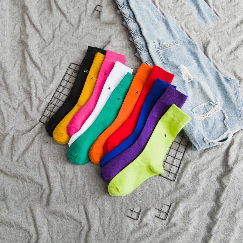 Стильные однотонные Повседневные носки с 10 буквами Harajuku, флуоресцентные зеленые носки без пятки для мужчин и женщин, унисекс, хлопковые зимние носки для девочек 1236