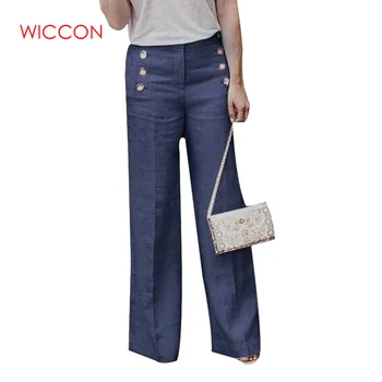 

Plus Size 2020 Summer New Hot Cotton Linen Women Wide Legs Pants Solid Casual High Waist Button Trousers Female Loose Pants