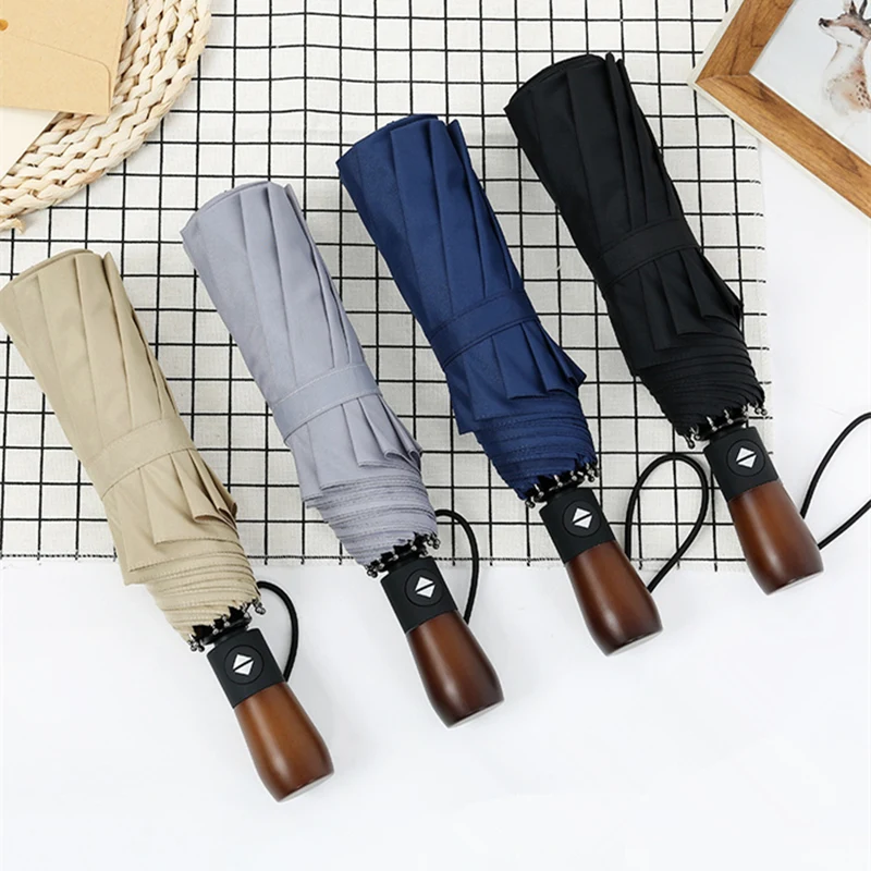 

Folding Umbrella Fully Automatic Three-folding 10 Ribs Windproof Waterproof Bussiness Corporation Large Umbrella Black Classic