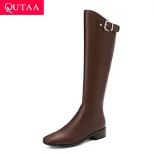 QUTAA/ г. Новая осенне-зимняя модная женская обувь на квадратном каблуке в стиле ретро с квадратным носком сапоги до колена на молнии из искусственной кожи Size34-43