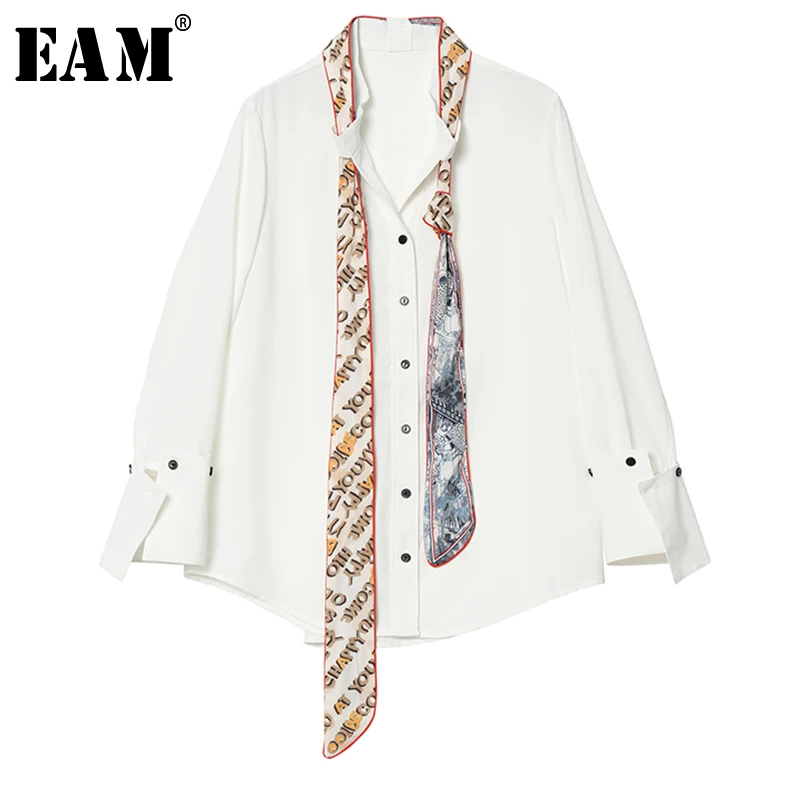 [EAM] женская блуза с бантиком с принтом, хит продаж, цветная блузка, новая рубашка с длинными рукавами и отворотом, свободная, модная