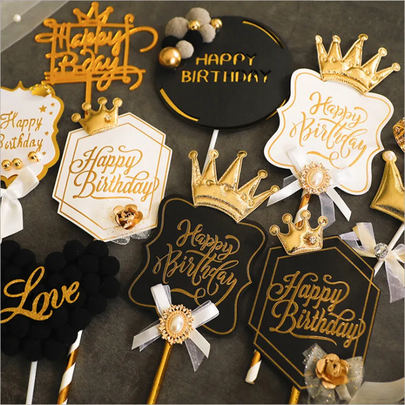

Retro Bronzing Crown Black Gold Happy Birthday Cake Topper Baby Shower Wedding Baking Cake Decoration Accessories DIY Supplies