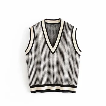

Autumn 2019 women's new V-neck contrast rib trim layer knitted vest thousand bird pattern knitted vest 06873135084