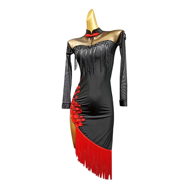 Latin Dance Dress Latin Dance Dresses Long Sleeve Dresse Red Tassel Chinese Cheongsam Style Performing Dresses Sexy Back Competition Costume Party Dress Latin Dress Tango Dress VDB989