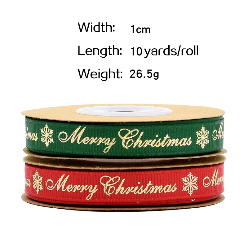 CheerBows 10y Merry Christmas Grosgrain Ribbon 10mm For DIY Craft Letter Printed Bronzing Tape For Needlework Packing Decoration