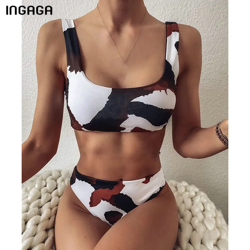 

INGAGA High Waist Bikini Vest Bandeau Swimsuits 2020 High Leg Swimwear Women Dairy Cow Print Bathers Women's Swimming Suit
