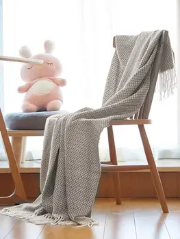 

Tassel Shawl Blanket Knitted Sofa Shawl Blanket Simple Style Lunch Shawl Blanket Muffler Blanket with Pure Color