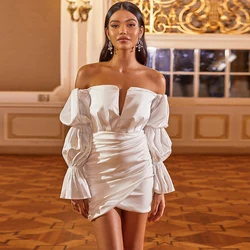White Sexy Off the Shoulder Cocktail Dresses Strapless Satin Full Sleeves Backless Mini Straight Homecoming Gowns For Girls