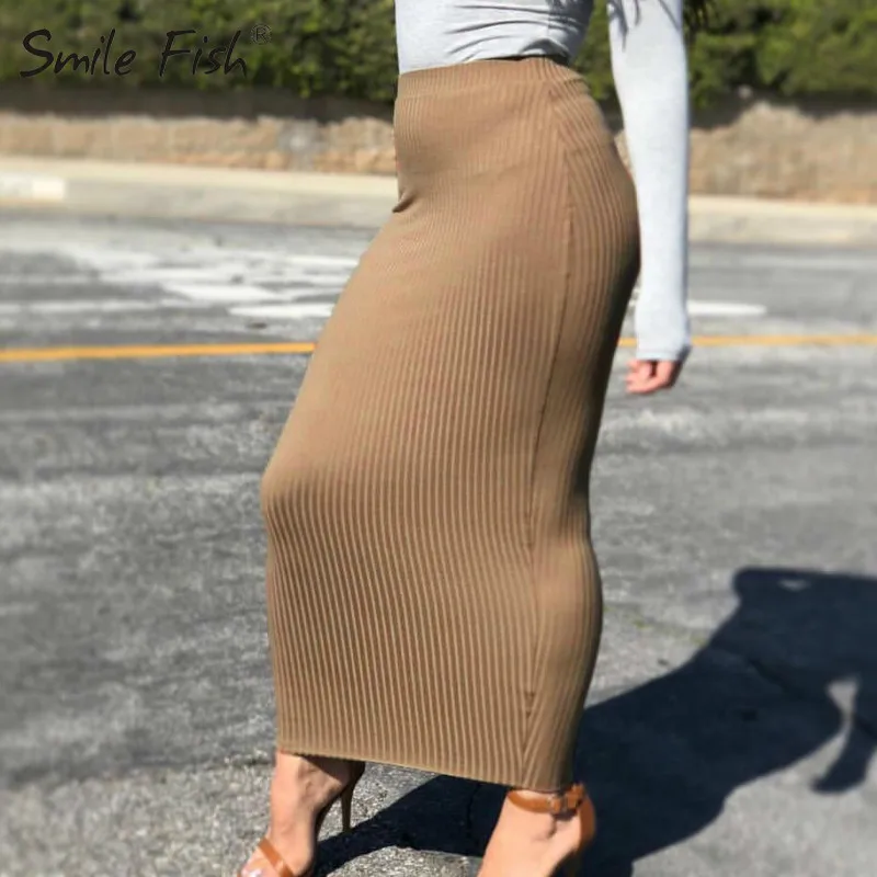 

Winter Autumn Women Pencil Skirt Solid Knit Cotton Long Skirt Elegant Office Chic Bodycon Streetwear Sheath Skirts Casual GV796