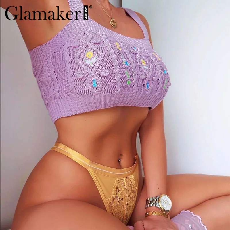 Женский винтажный укороченный топ Glamaker фиолетовый трикотажный на бретельках с